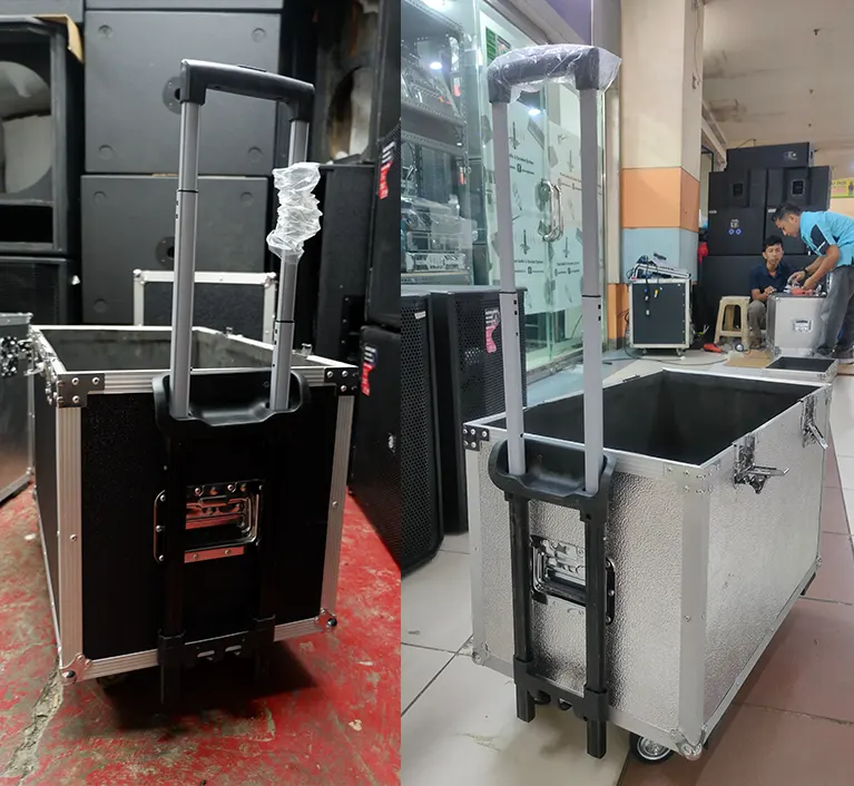 Custom hardcase trolley audio Bali dengan roda dan handle tarik untuk kebutuhan speaker, mixer, dan perlengkapan sound system professional yang praktis dan kokoh.