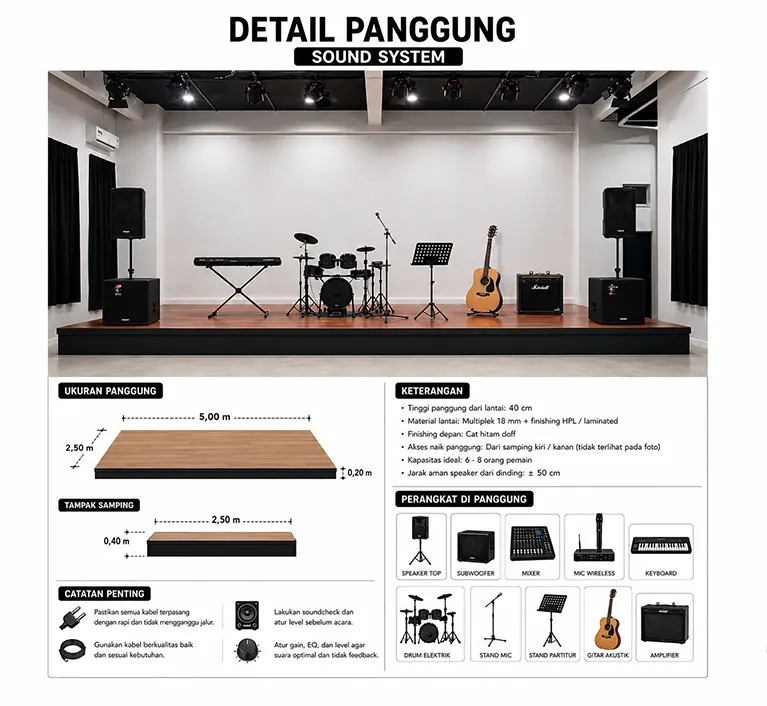 Detail panggung sound system Audio One di sekolah musik modern dengan instalasi speaker professional, subwoofer, mixer audio, dan perangkat performing arts indoor