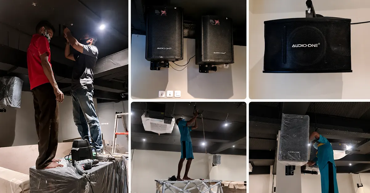 Project pemasangan speaker Audio One di Hotel True Blue Menteng Jakarta dengan instalasi sound system professional untuk area indoor hospitality dan commercial audio system.