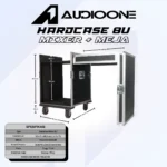 Hardcase Mixer Audio One 8U dengan meja tambahan, material kayu meranti solid, dan roda 3 inch untuk sound system profesional.