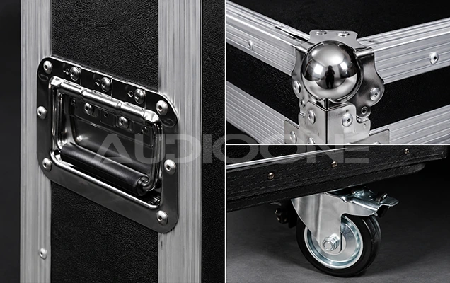 Hardcase Audio One professional dengan handle heavy duty, corner protector metal, dan roda caster untuk perlindungan perangkat audio professional.
