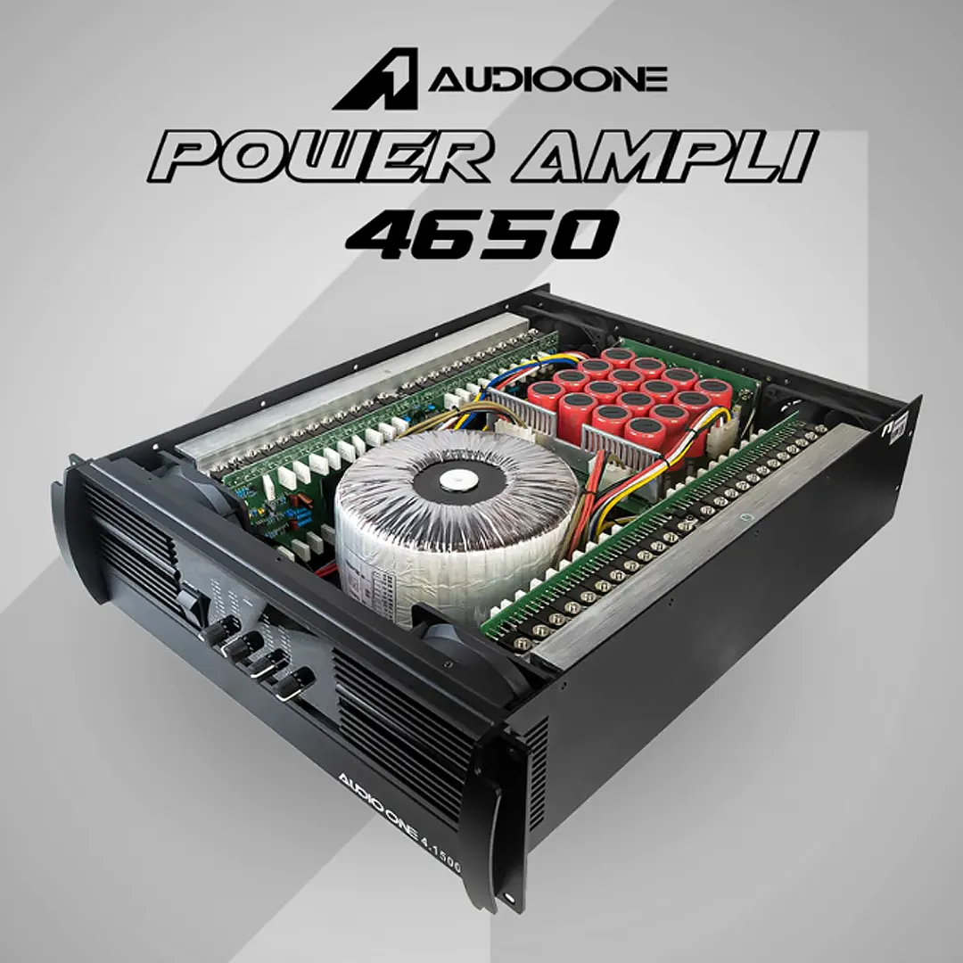 Power Amplifier Audio One 4 Channel Class H Profesional dengan komponen toroidal besar untuk sound system panggung.