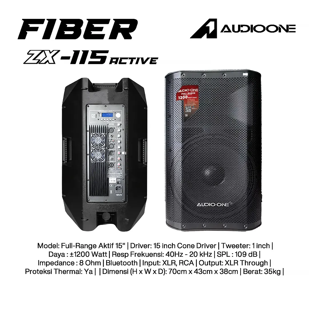 Speaker aktif 15 inch Audio One Fiber ZX-115 bertenaga 1200 Watt dengan material fiber kokoh untuk sound system profesional.