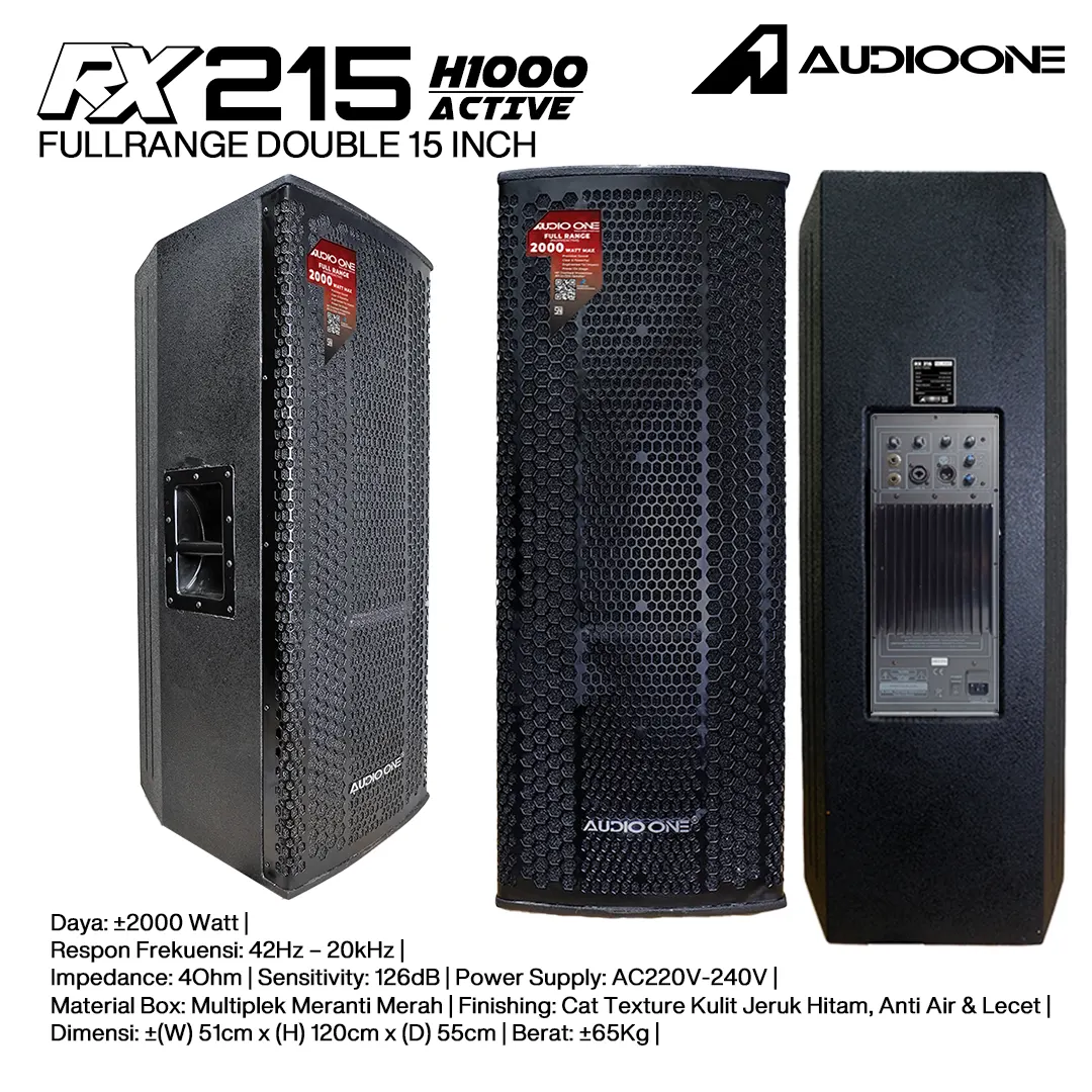 Speaker Audio One RX-215 H1000 Active Fullrange Double 15 Inch 2000 Watt untuk sound system panggung profesional.