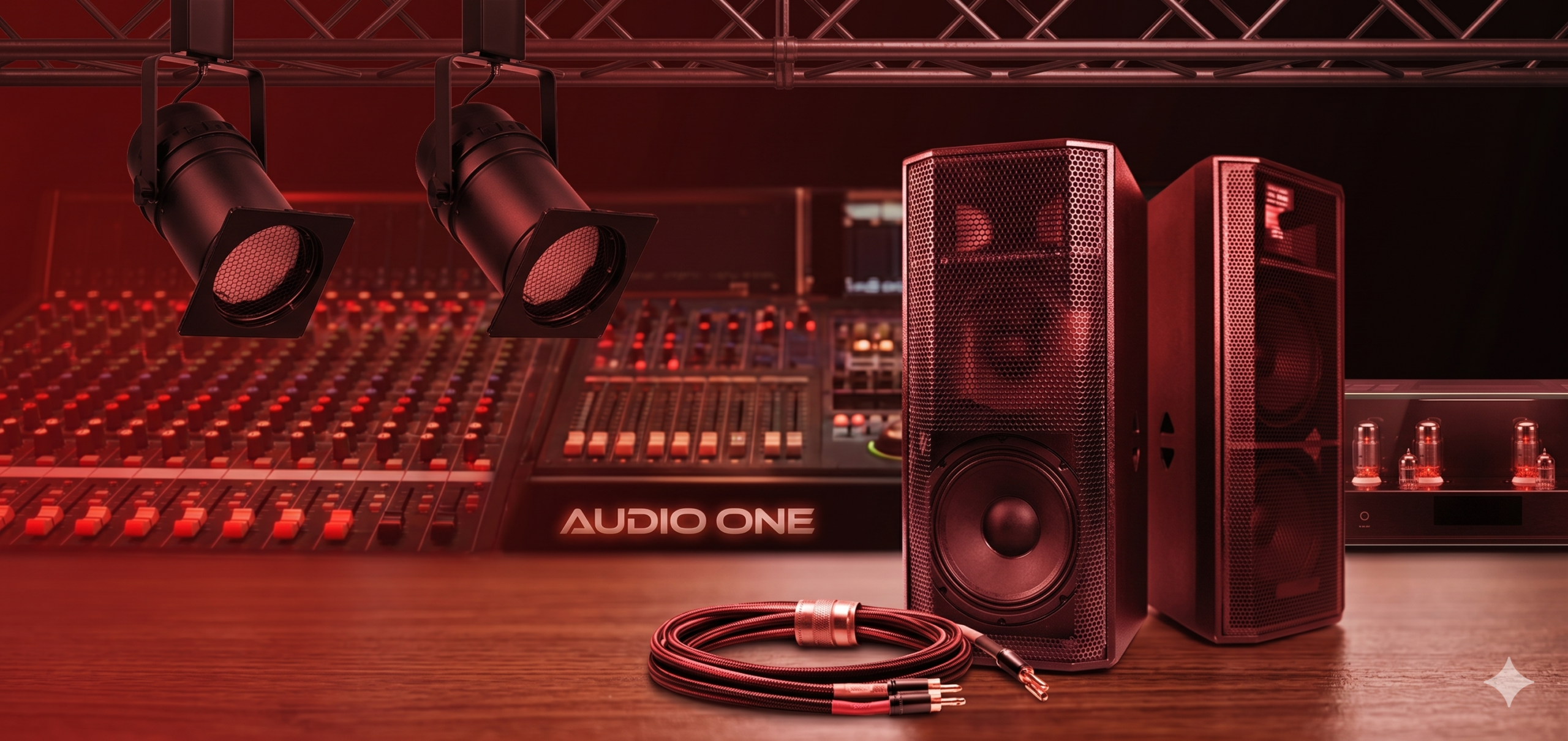 Perlengkapan audio profesional AUDIO ONE dengan mixer, speaker, kabel tembaga, amplifier tabung, dan lampu panggung, dengan latar belakang merah marun yang dramatis.