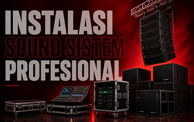 Instalasi Sound System Profesional Audio One dengan line array, subwoofer, mixer digital, power amplifier, dan perangkat audio profesional untuk kebutuhan indoor dan outdoor.