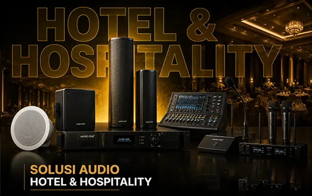 Solusi Audio Komersial Audio One dengan speaker profesional, subwoofer, amplifier, dan mixer audio untuk kebutuhan bisnis dan area komersial.