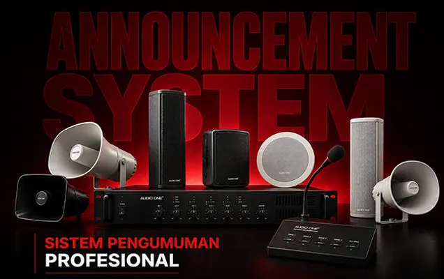 Sistem Pengumuman Profesional Audio One dengan speaker PA, horn speaker, ceiling speaker, amplifier, dan microphone paging.