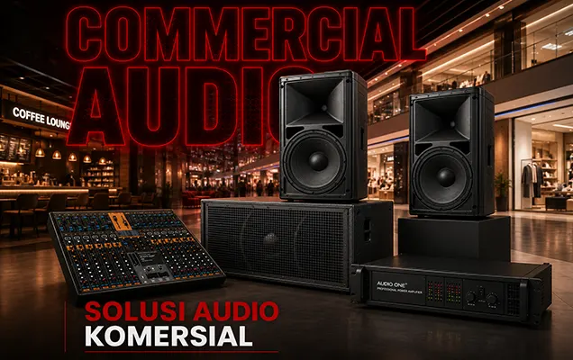 Solusi Audio Komersial Audio One dengan speaker profesional, subwoofer, mixer audio, dan amplifier untuk berbagai kebutuhan bisnis dan area komersial. Title