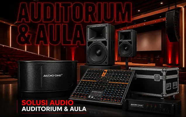 Solusi Audio Auditorium dan Aula Audio One dengan speaker profesional, line array, mixer audio, dan amplifier untuk kebutuhan presentasi, seminar, dan pertunjukan.