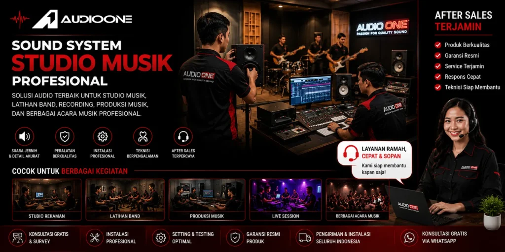Paket Sound System Studio Musik Profesional Audio One untuk studio rekaman, latihan band, produksi musik, dan live session.