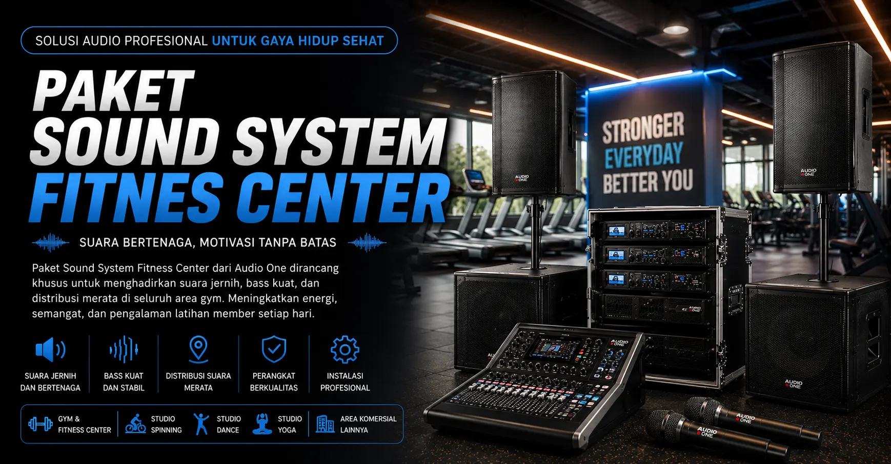 Paket Sound System Fitness Center Profesional Audio One untuk gym dan pusat kebugaran