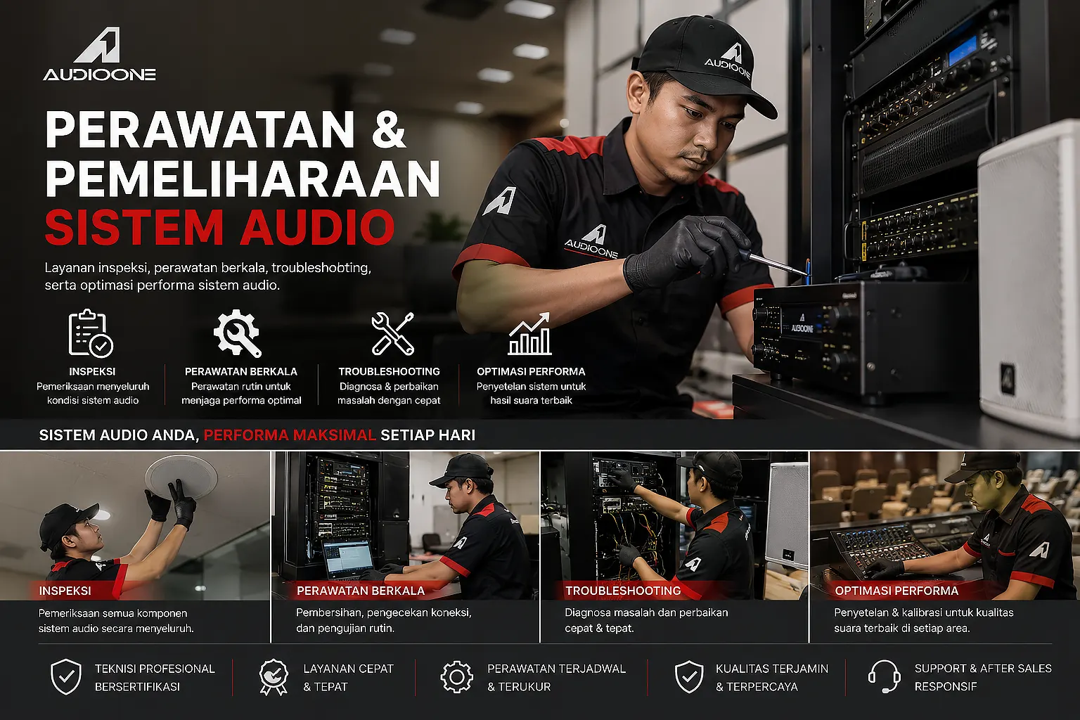 ALT TEXT Teknisi profesional Audio One sedang melakukan inspeksi, perawatan berkala, troubleshooting, dan optimasi performa sistem audio pada perangkat sound system profesional untuk menjaga kualitas suara tetap optimal di lingkungan bisnis, institusi, dan fasilitas publik. TITLE Perawatan & Pemeliharaan Sistem Audio Profesional | Audio One CAPTION Layanan perawatan dan pemeliharaan sistem audio profesional dari Audio One meliputi inspeksi menyeluruh, perawatan berkala, troubleshooting, serta optimasi performa untuk memastikan sistem audio tetap berfungsi optimal, stabil, dan menghasilkan kualitas suara terbaik setiap saat. META DESCRIPTION Audio One menyediakan layanan perawatan dan pemeliharaan sistem audio profesional untuk sekolah, kampus, kantor, hotel, tempat ibadah, fasilitas publik, dan berbagai kebutuhan komersial. Mulai dari inspeksi sistem, pembersihan perangkat, troubleshooting, perbaikan gangguan, hingga optimasi performa sound system agar kualitas suara tetap jernih, stabil, dan siap digunakan untuk mendukung operasional bisnis dan institusi Anda.