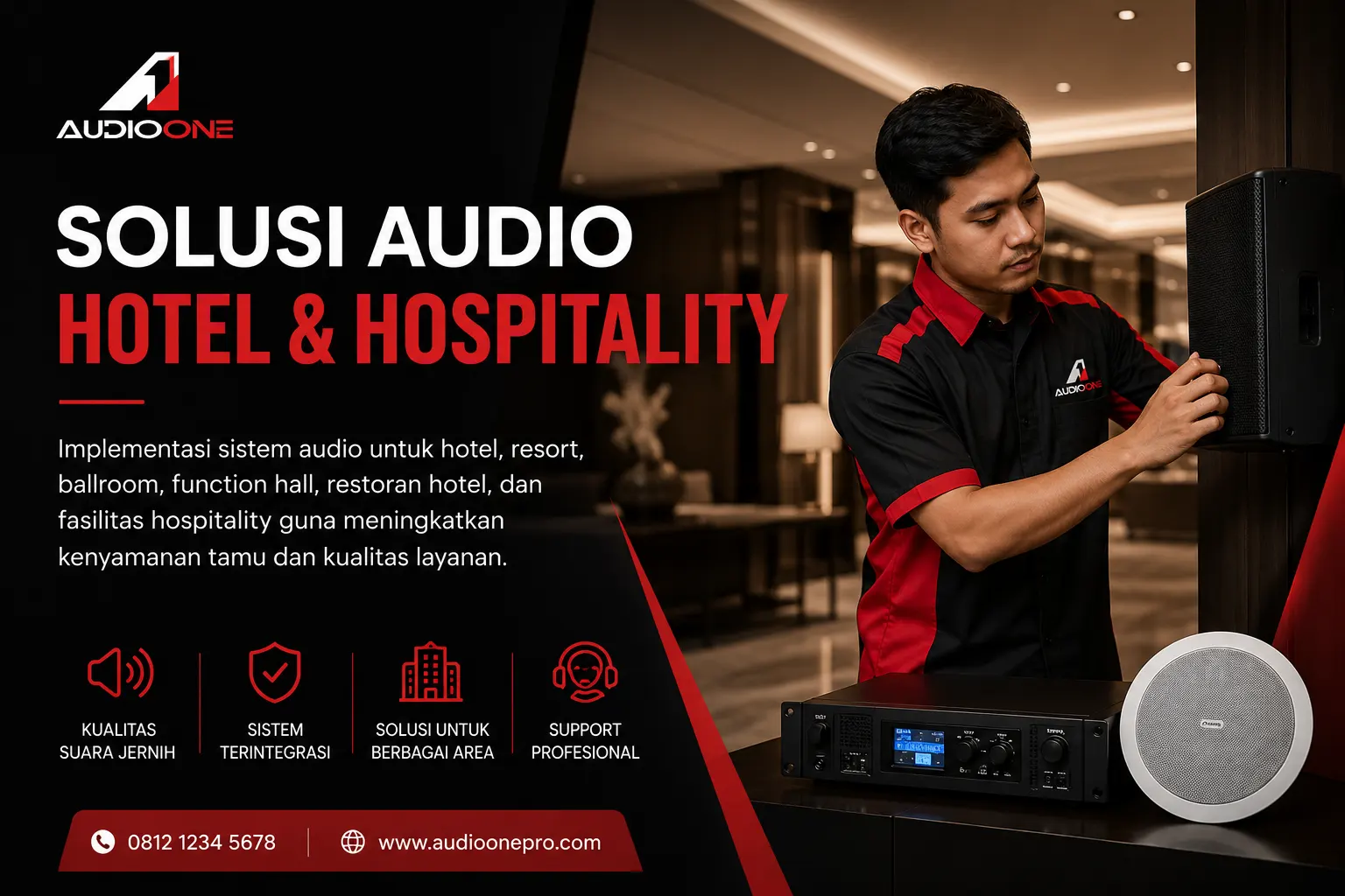 Solusi Audio Hotel & Hospitality profesional dari Audio One untuk hotel, resort, ballroom, function hall, restoran hotel, dan fasilitas hospitality dengan sistem audio terintegrasi berkualitas tinggi.