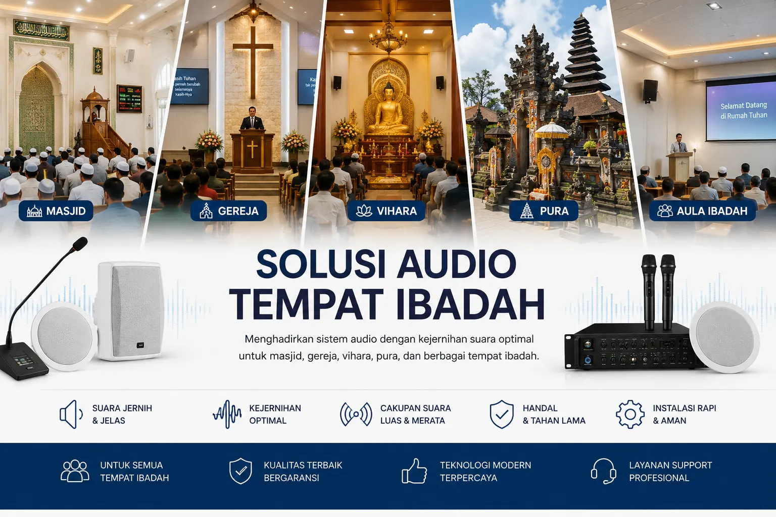 Solusi audio profesional untuk tempat ibadah dengan sistem suara jernih dan merata di masjid, gereja, vihara, pura, serta berbagai fasilitas ibadah modern untuk mendukung penyampaian pesan dan kegiatan keagamaan.