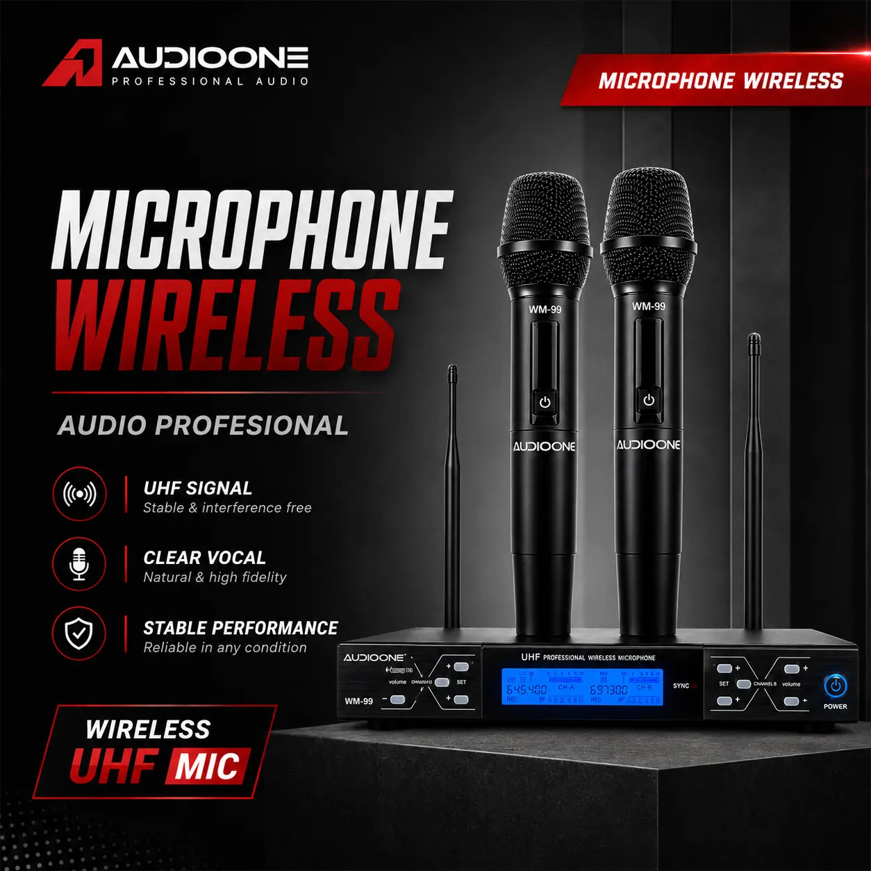 Microphone Wireless Audio One profesional dengan sinyal stabil dan suara jernih