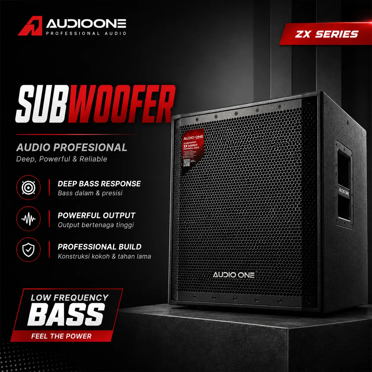 Subwoofer Audio One profesional dengan bass kuat dan dalam