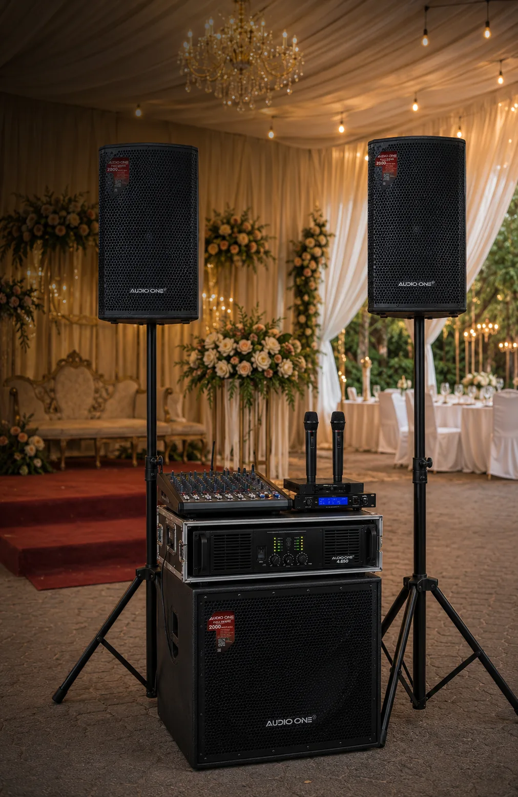 Paket sound system hajatan lengkap Audio One dengan speaker subwoofer mixer dan wireless microphone