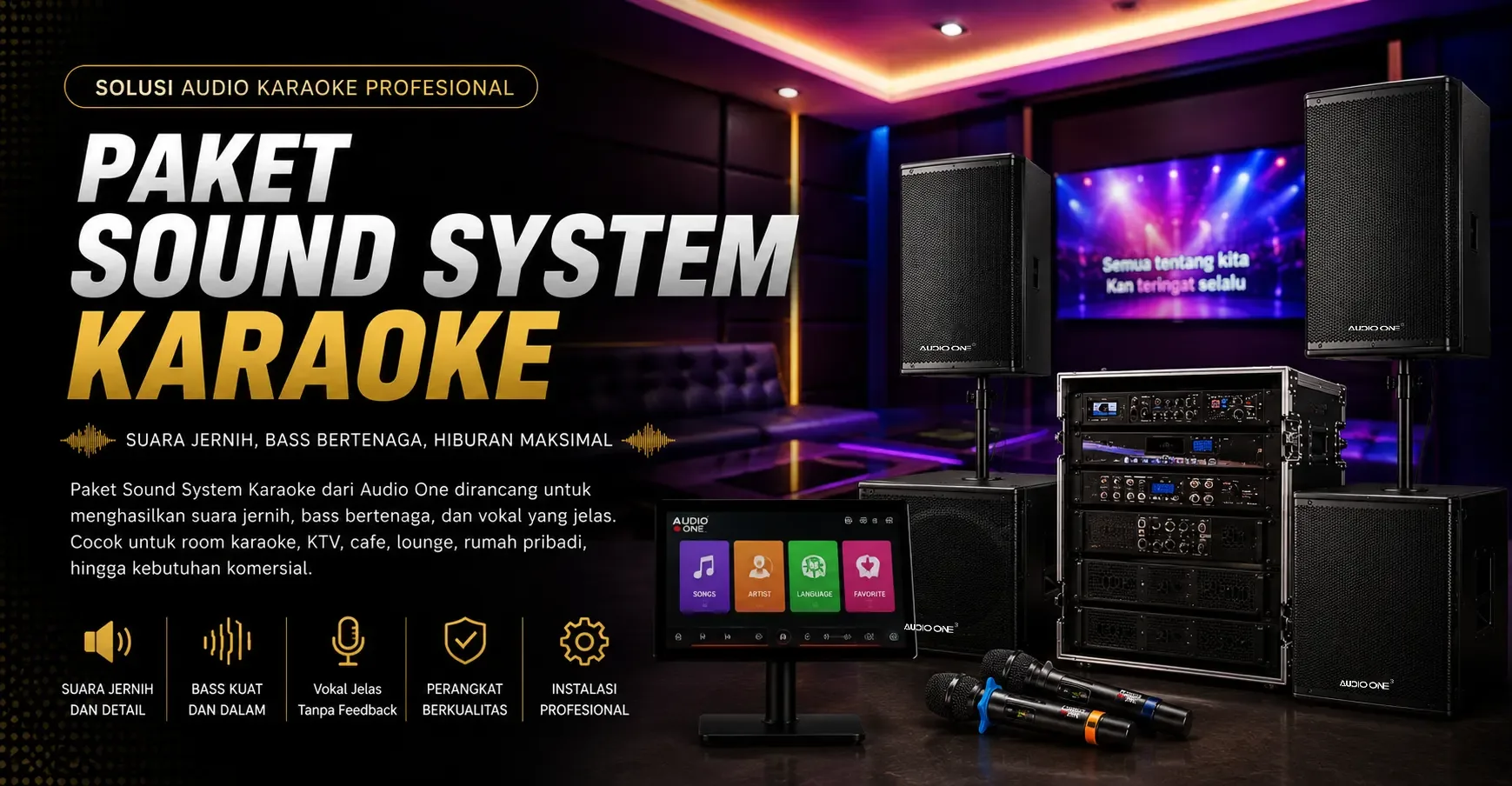 Paket Sound System Karaoke Audio One untuk KTV, lounge, dan ruang hiburan