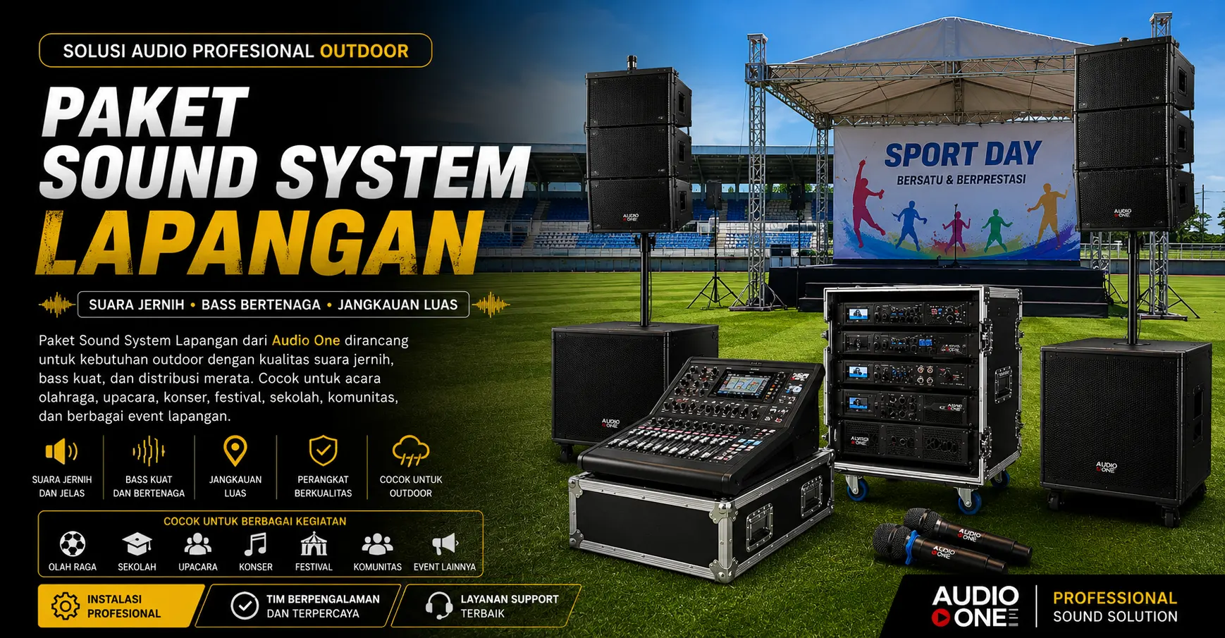 Sound System Lapangan Profesional Audio One untuk konser outdoor, stadion, upacara, dan event terbuka