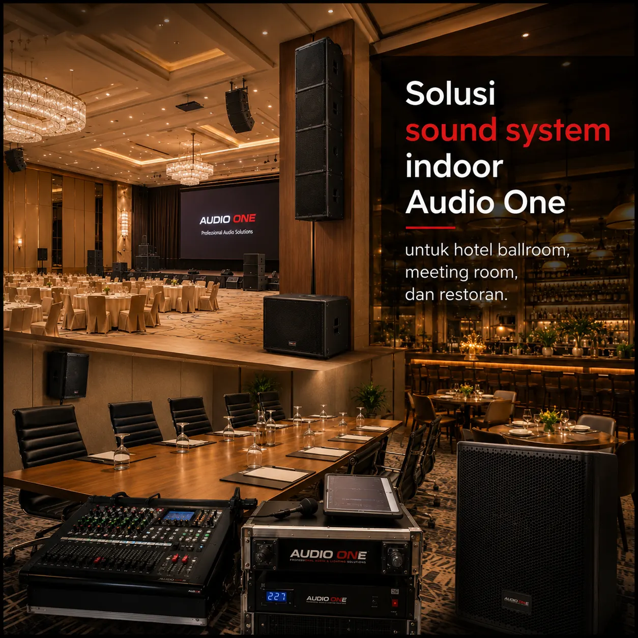 Solusi sound system indoor Audio One untuk hotel ballroom meeting room dan restoran